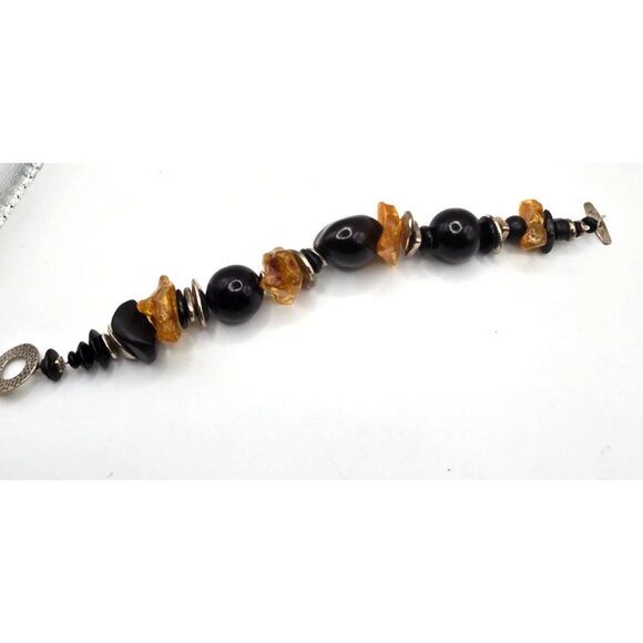 Vintage Sterling Silver Amber & Jet Bead Bracelet | SAKI Toggle Clasp | Artisan - Picture 5 of 7
